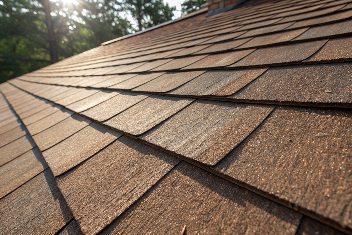 Close view of new barkwood brown architectural shingles