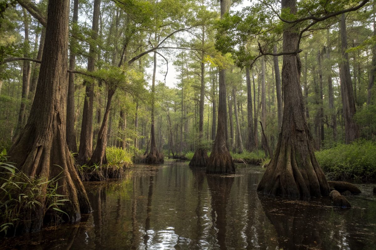 A blackwater swamp with cypress trees