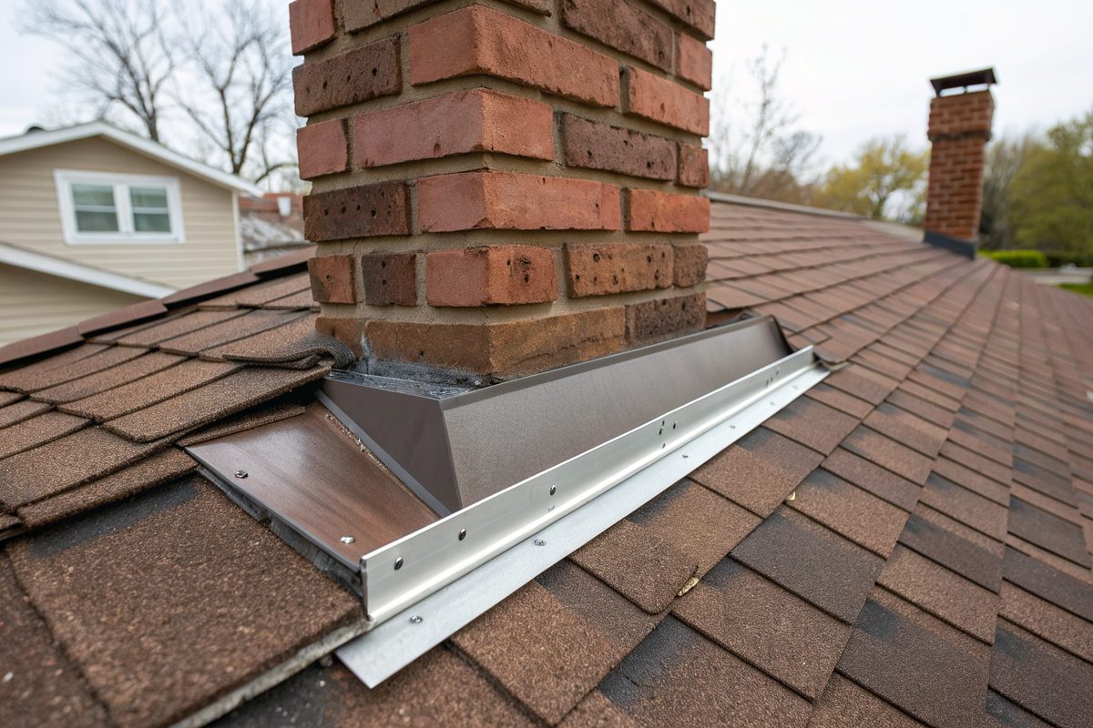New metal flashing where a brown shingle roof meets a chimney