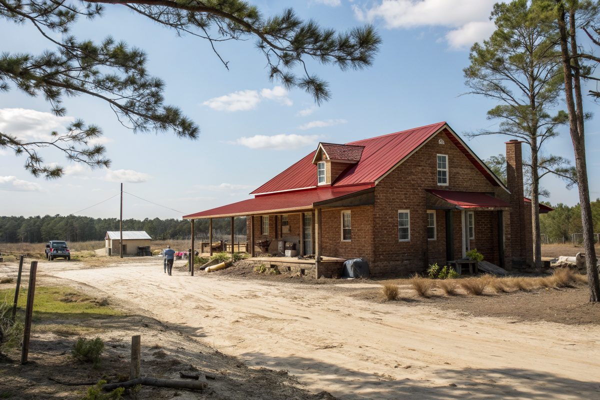 A brick home with a red metal-roof workshop on a rural lot