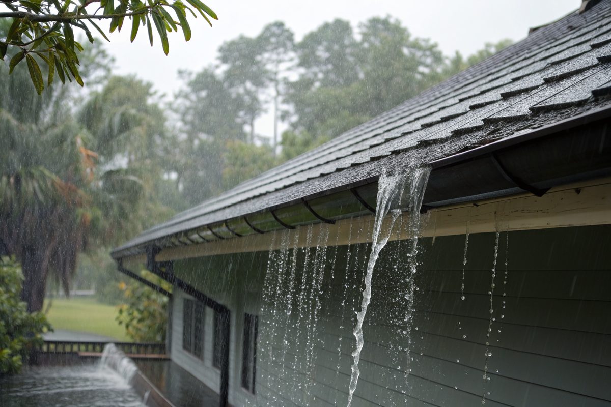 Rain overflowing a gutter during a heavy downpour
