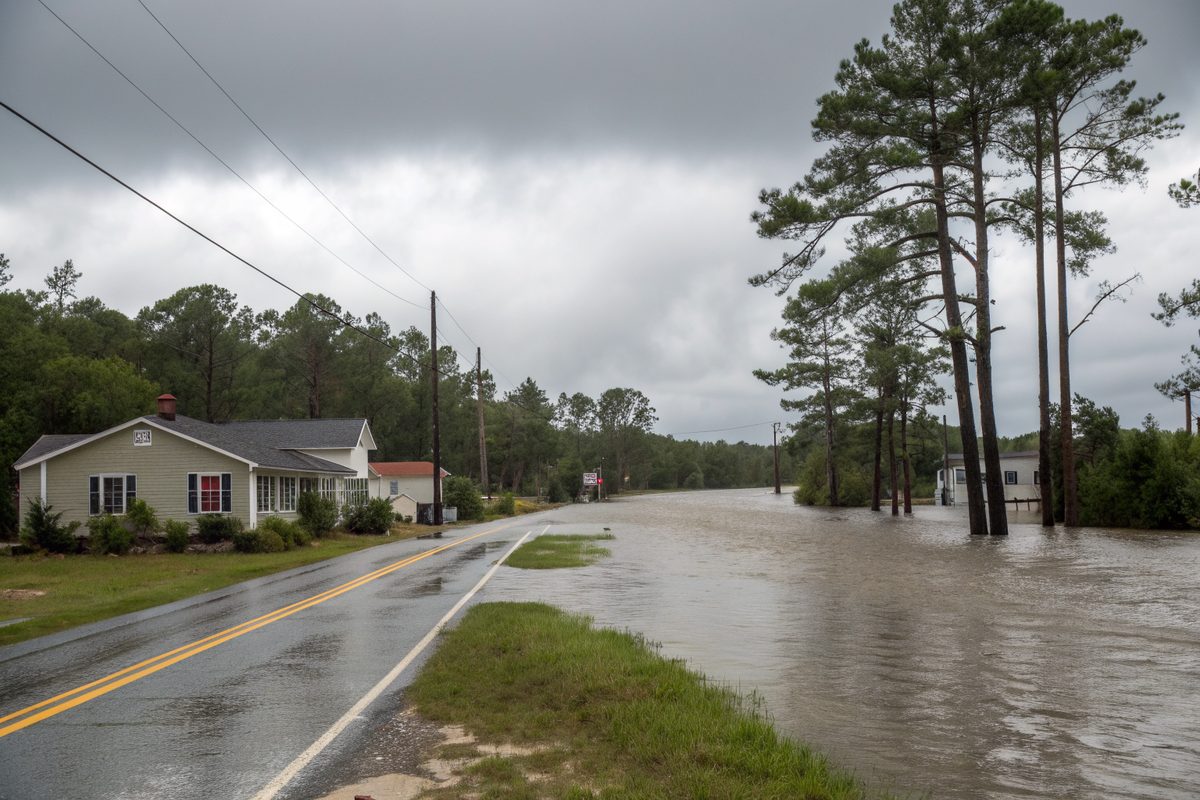 Floodwater over a rural road after a hurricane