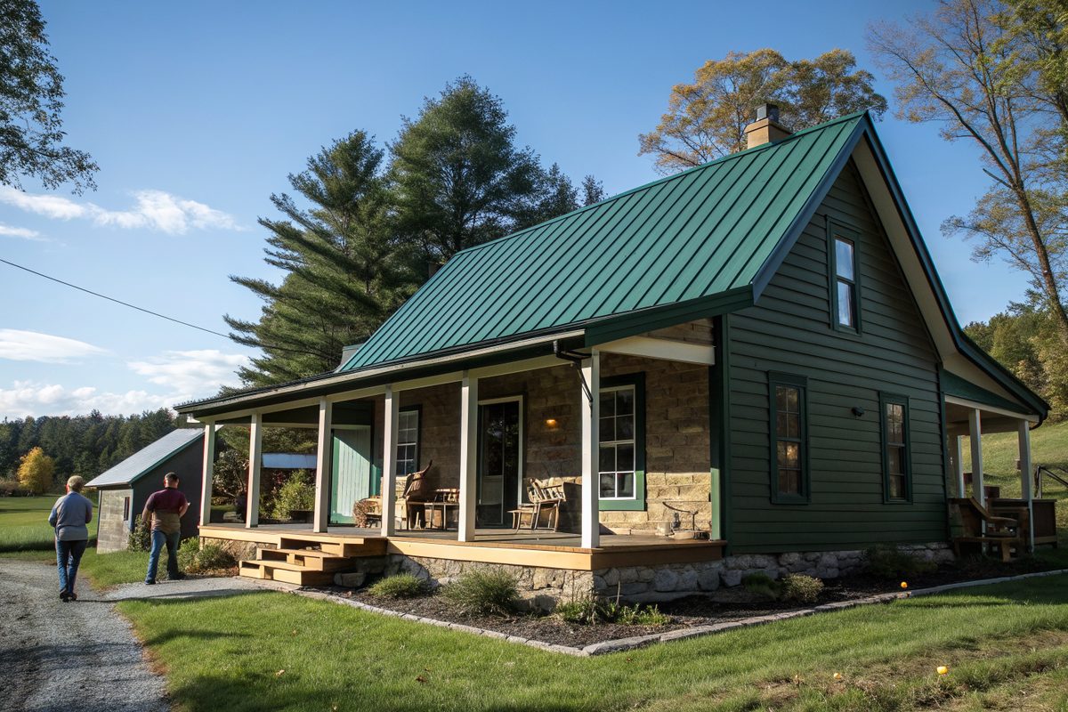 A dark green standing-seam metal roof on a country cottage