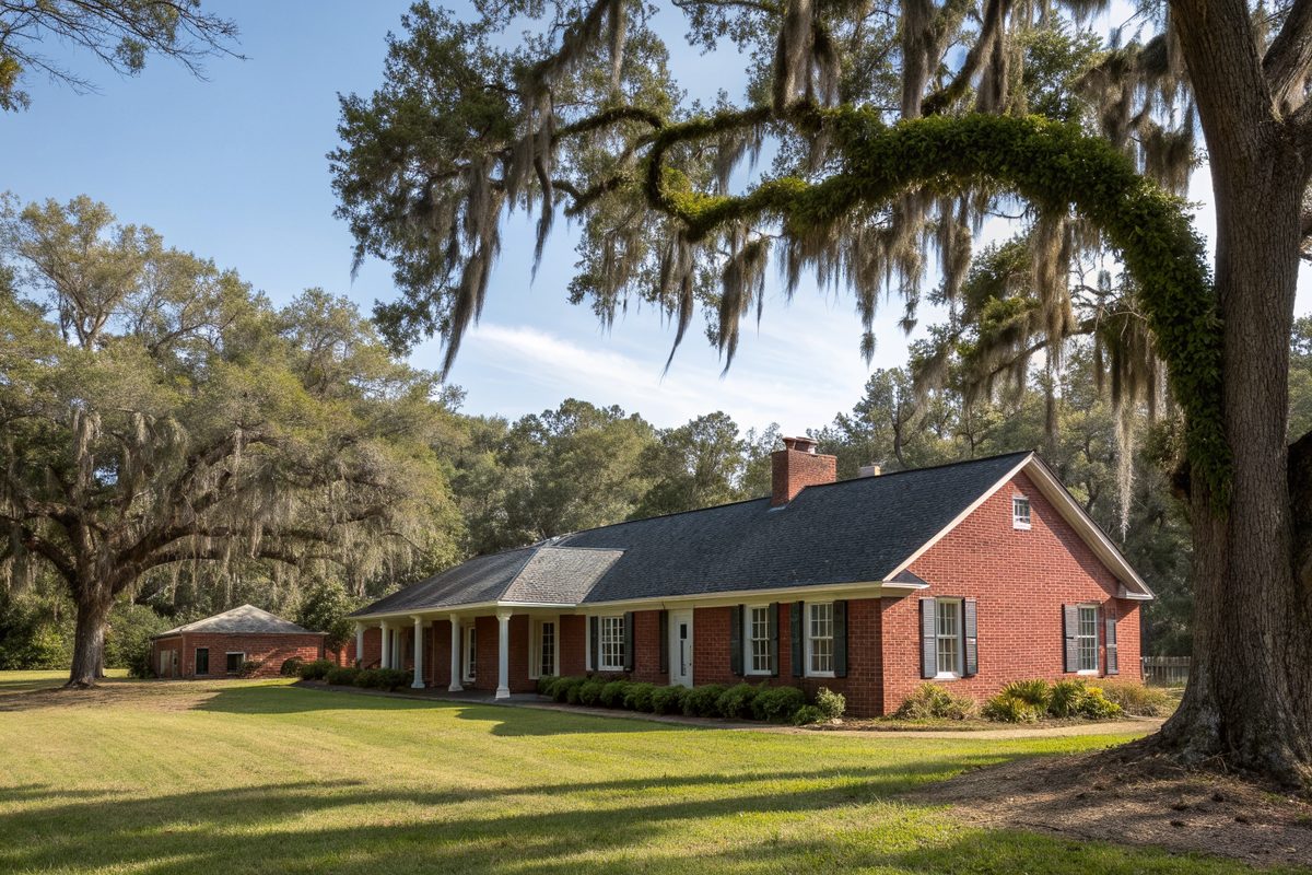 A brick ranch house with a charcoal roof under live oaks