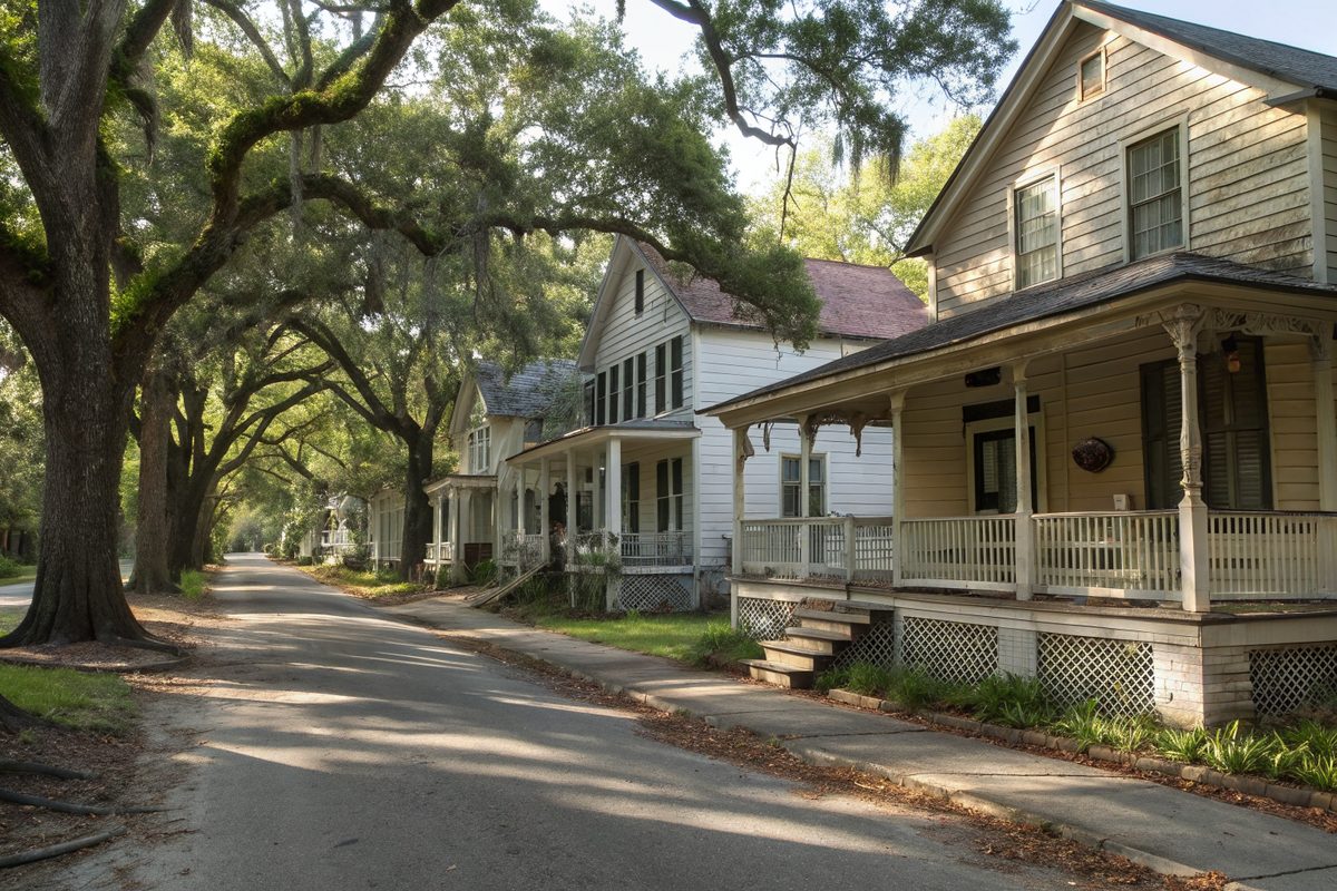 Early 1900s houses with deep porches under live oaks