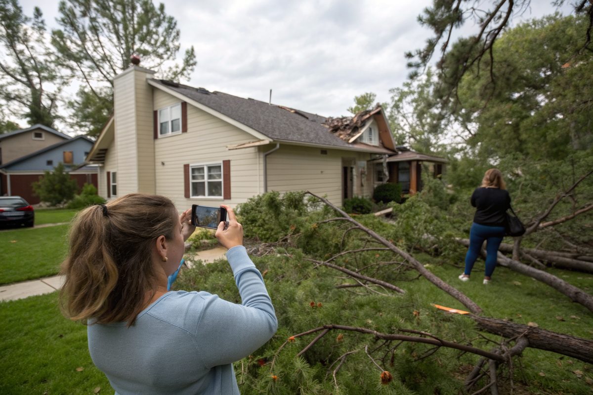 A homeowner photographing her roof after a hurricane