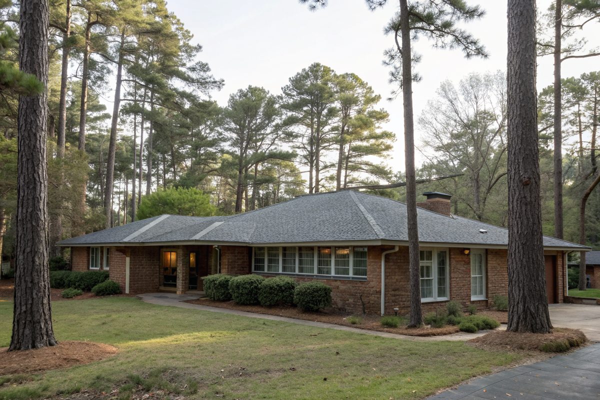 A mid-century brick ranch with a low gray roof under pines