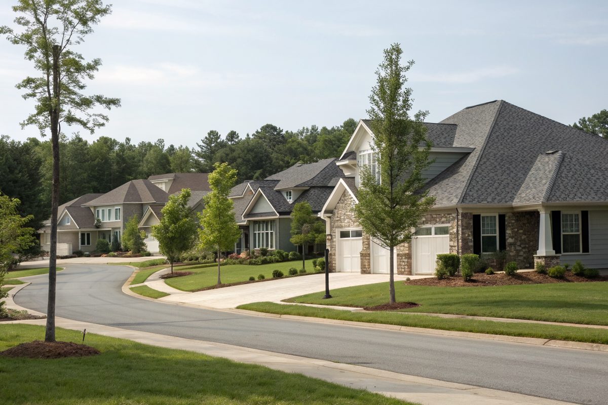 Newer homes with gray shingle roofs in a subdivision