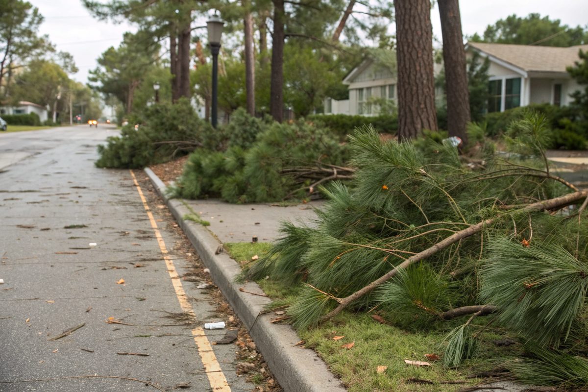 Pine branches piled along a curb after a hurricane