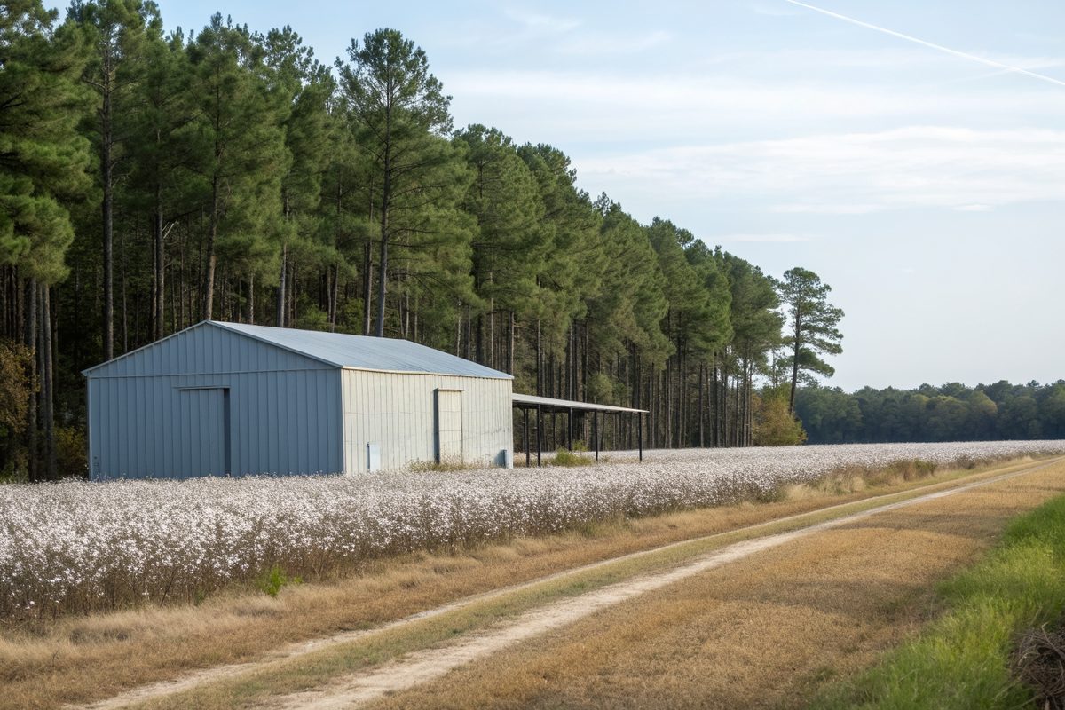 A metal pole barn beside a cotton field