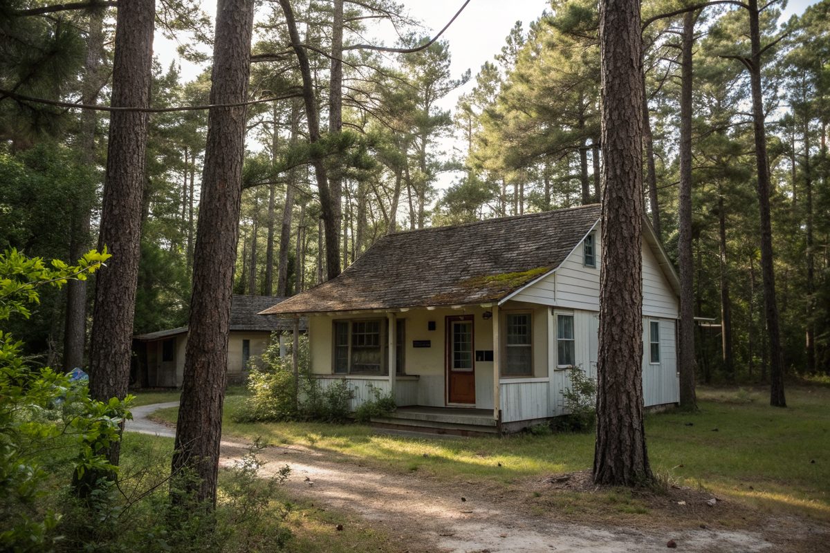 A rental cottage with a worn, mismatched shingle roof