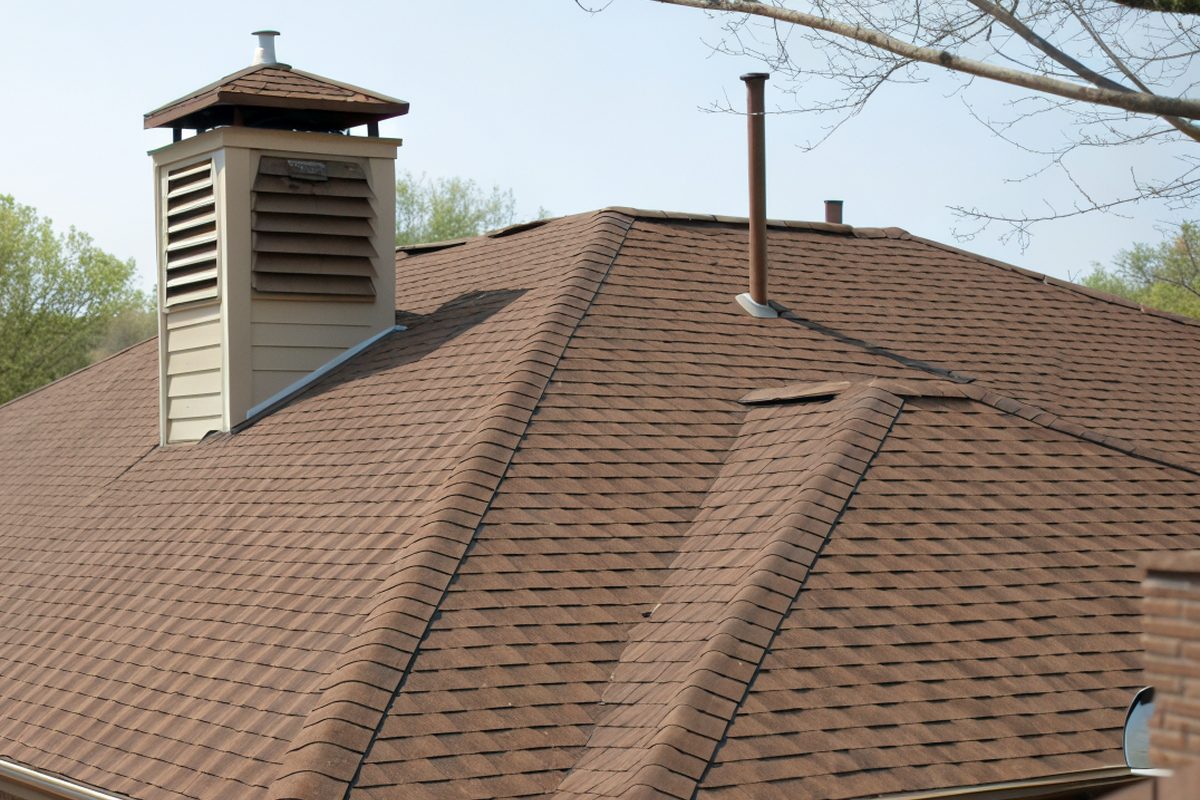 A brown shingle roof with a ridge vent along the peak