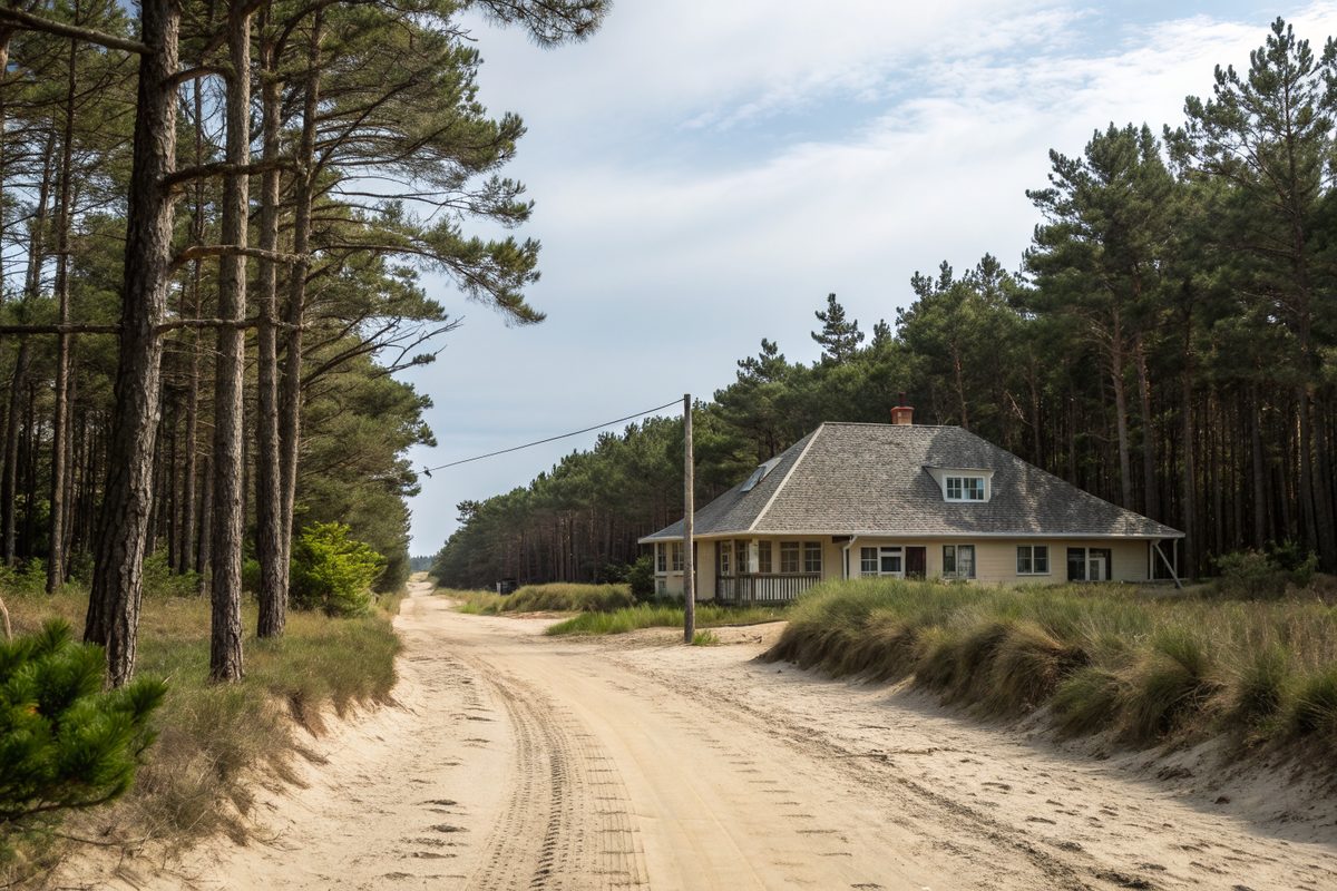 A rural home at the end of a sandy lane through pines