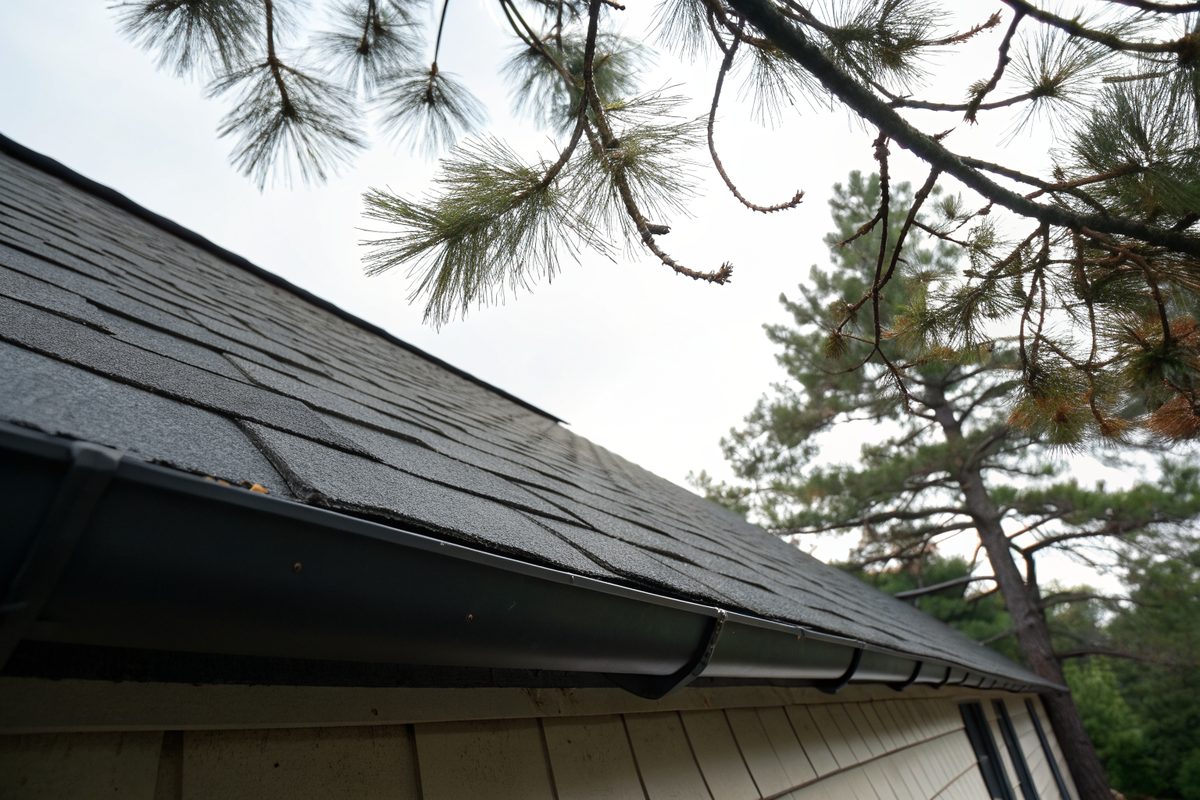 Roof underlayment and a drip edge along an eave