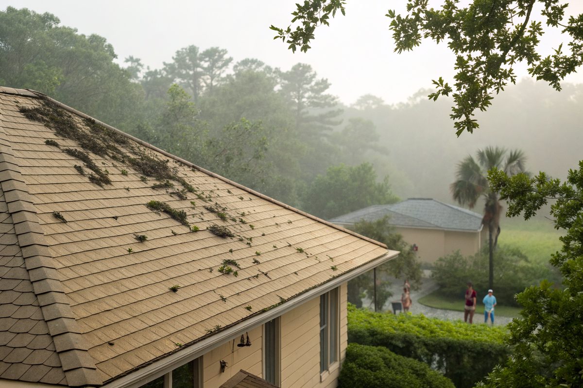 Dark algae streaks on a tan shingle roof