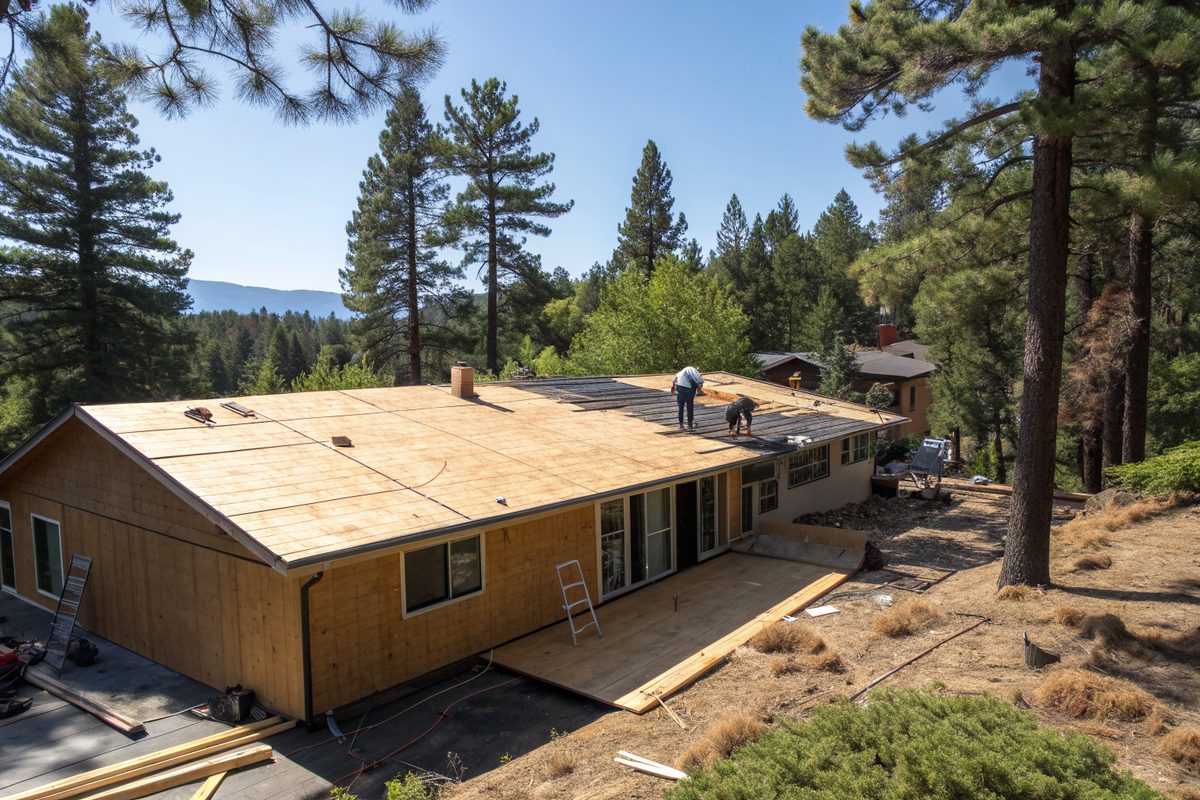 A ranch roof stripped to plywood during a tear-off